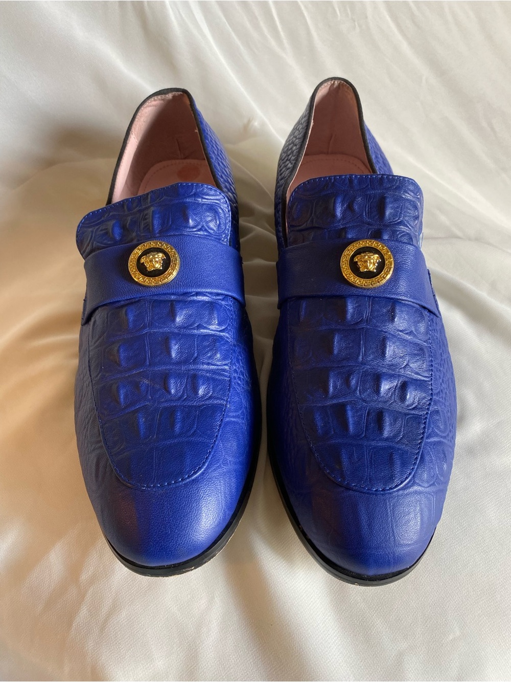 Versace Royal Blue Croc-Embossed Leather Slip-On Loafers with Gold Medallion
